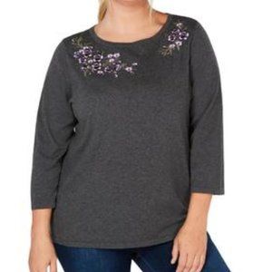 Karen Scott Gray Floral Embroidered 3/4 Sleeve Top
